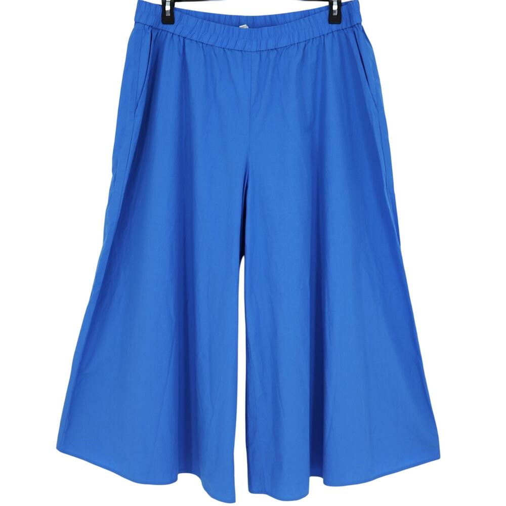 Eileen Fisher Pants Womens Large Blue Cotton Poplin Cropped Wide Leg Pull On New